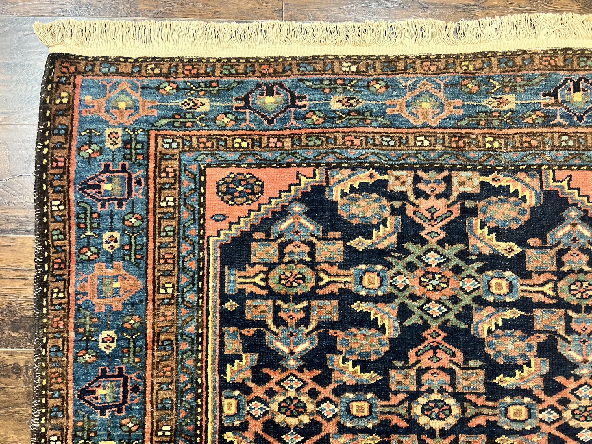 Antique Persian Tribal Rug 5x7, Navy Blue & Pink, Hand Knotted Handmade 1920s Wool Rug, Allover Pattern, Persian Hamadan Rug by Jewel Rugs