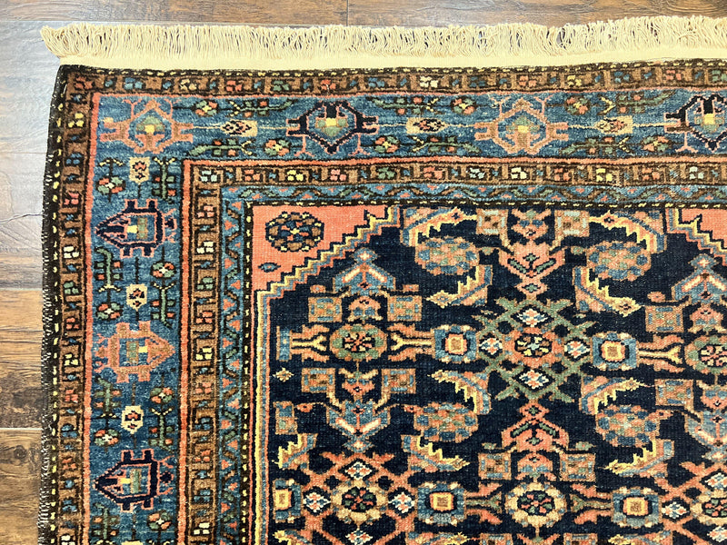 Antique Persian Tribal Rug 5x7, Navy Blue & Pink, Hand Knotted Handmade 1920s Wool Rug, Allover Pattern, Persian Hamadan Rug by Jewel Rugs