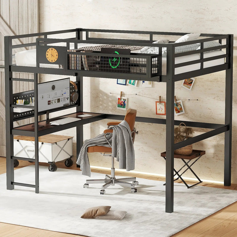 Full Size Loft Bed Frame with Desk and Charging Port by HouseOfZazla