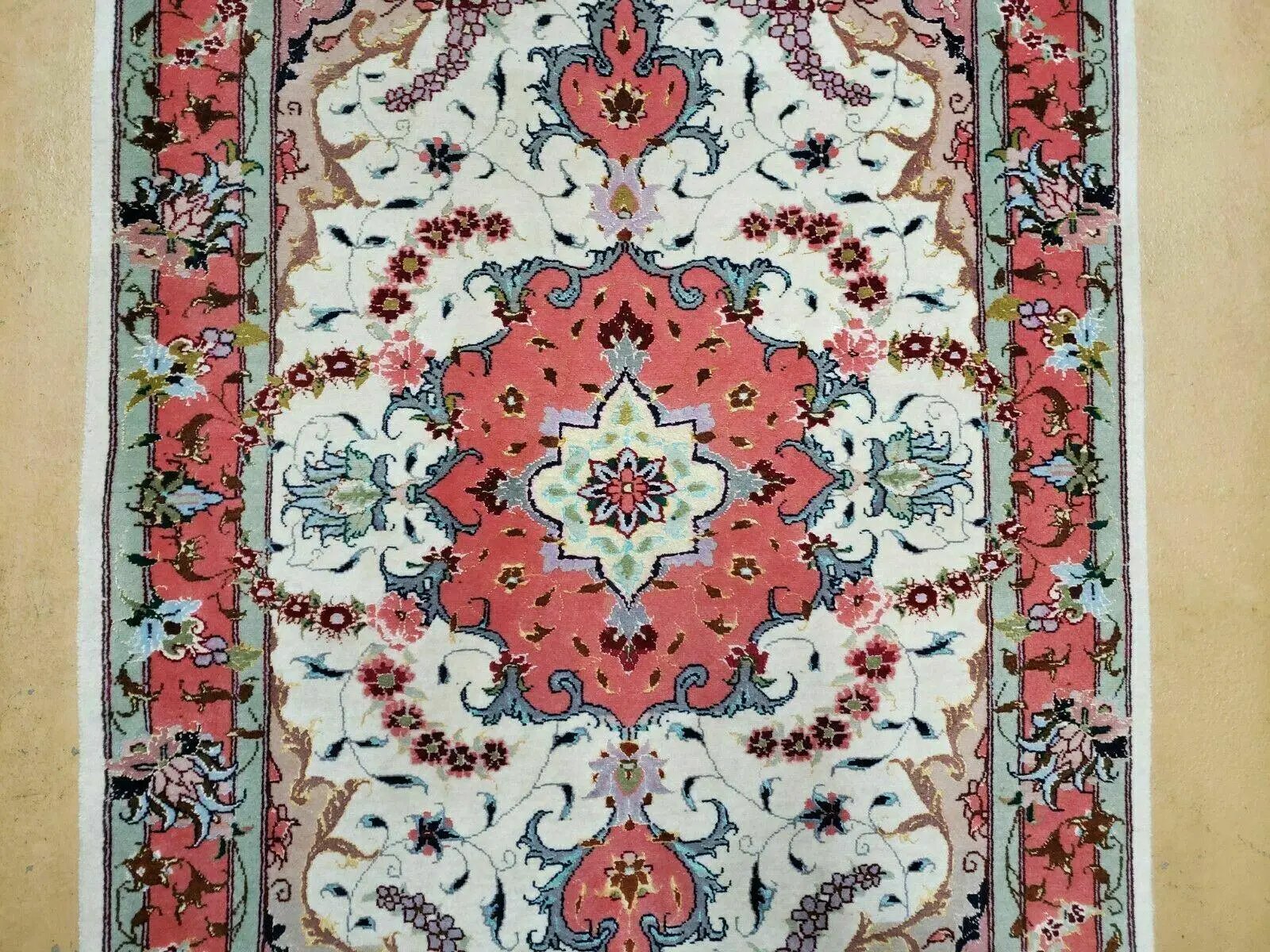 Small Vintage Persian Tabriz Wool and Silk Rug 2.5 x 4 ft, Very Finely Hand Knotted, Medallion, Ivory Salmon Light Blue, Top Quality, Pair B by Jewel Rugs