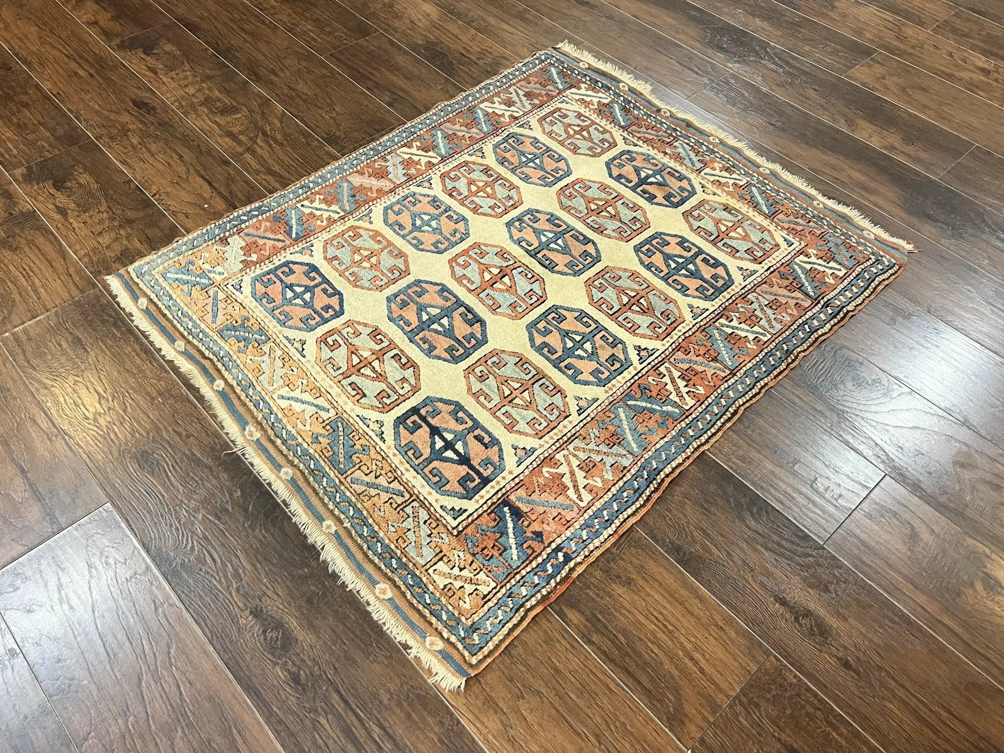 Turkish Kazak Rug 3x4, Wool Hand Knotted Handmade Vintage Carpet, Geometric Tribal Repeated Motif, Small 3 x 4 Antique Rug, Cream Red by Jewel Rugs