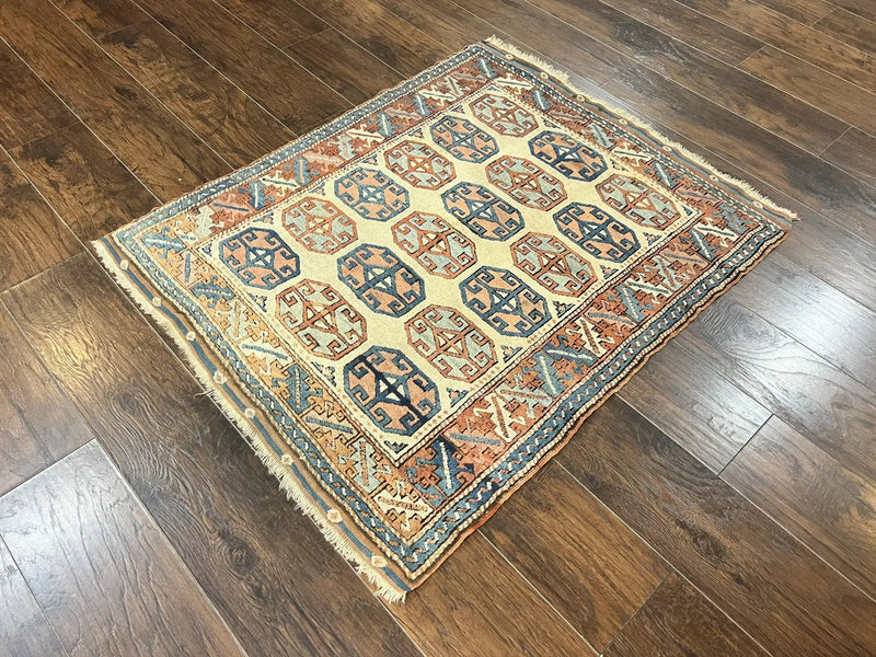 Turkish Kazak Rug 3x4, Wool Hand Knotted Handmade Vintage Carpet, Geometric Tribal Repeated Motif, Small 3 x 4 Antique Rug, Cream Red by Jewel Rugs