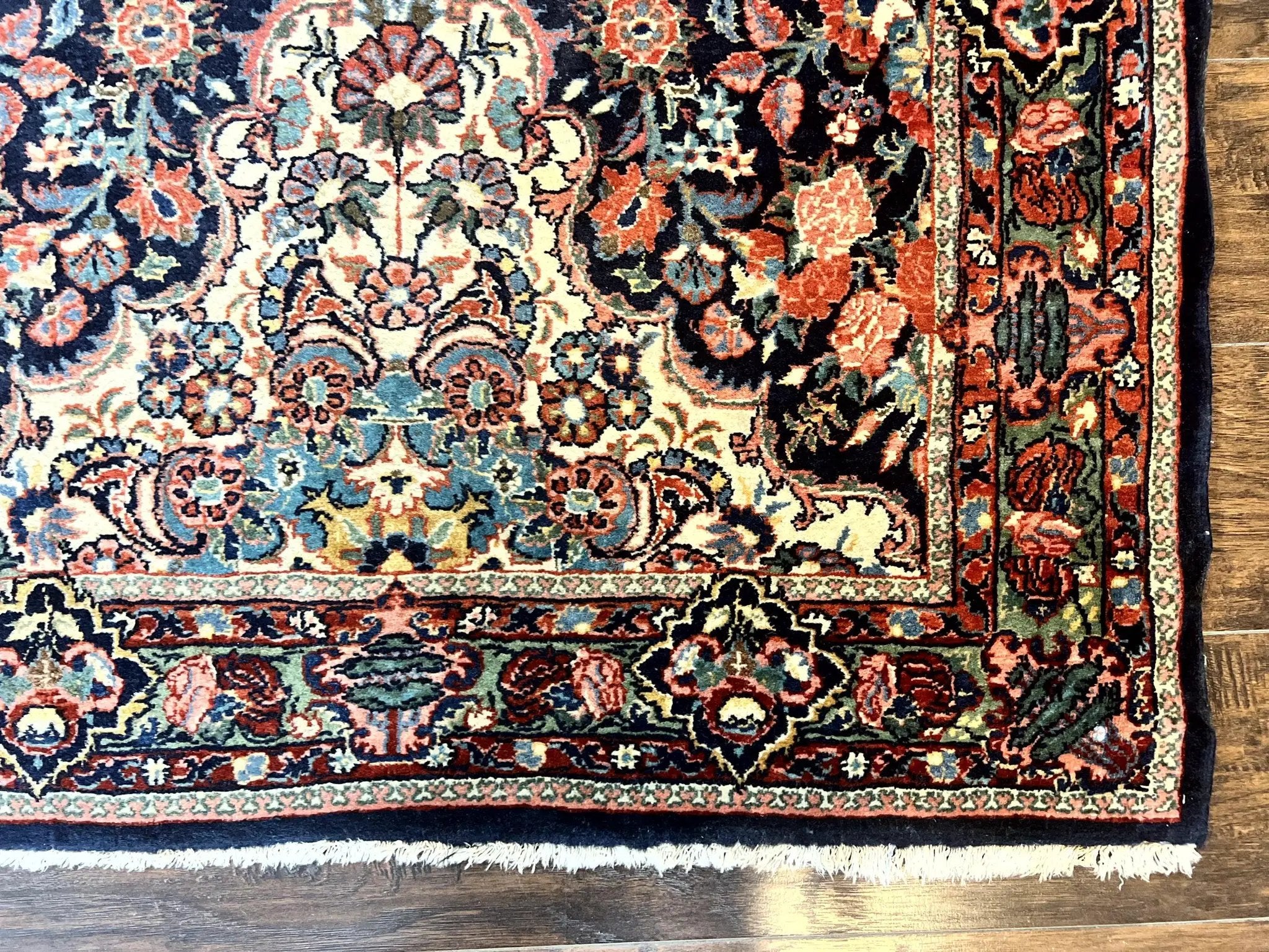 Persian Saoruk Rug 4x5, Navy Blue and Red, Floral, Antique Persian Wool Carpet, Handmade by Jewel Rugs