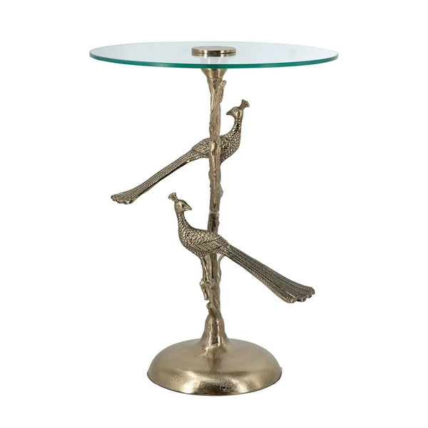 Gold Peacock Side Table with Round Glass Top