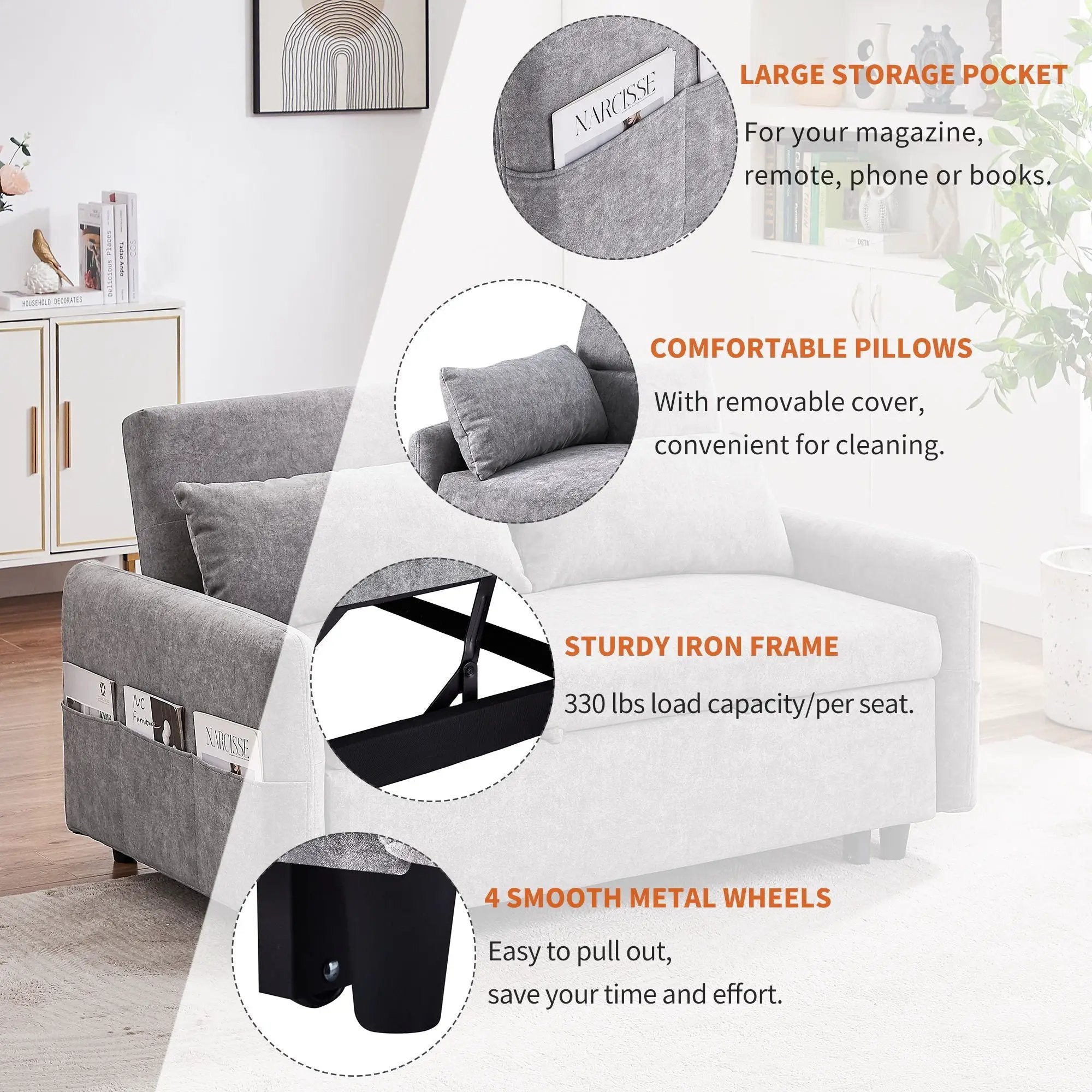 Pull Out Sleep Sofa Bed Loveseats Sofa Couch With Adjsutable Backrest, Storage Pockets, 2 Soft Pillows, USB Ports For Living Room, Bedroom, Apartment, Office by HouseOfZazla