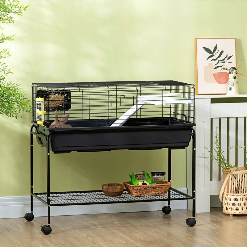 Pawhut - Two-Story Small Animal Cage Removable From Stand, Guinea Pig Cage, Hedgehog Cage, Chinchilla Cage, Ferret, With Shelf & Wheels, Pet Habitat - Black by HouseOfZazla