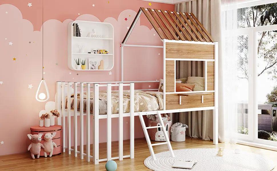 Loft Bed With Roof, Window, Guardrail, Ladder by HouseOfZazla
