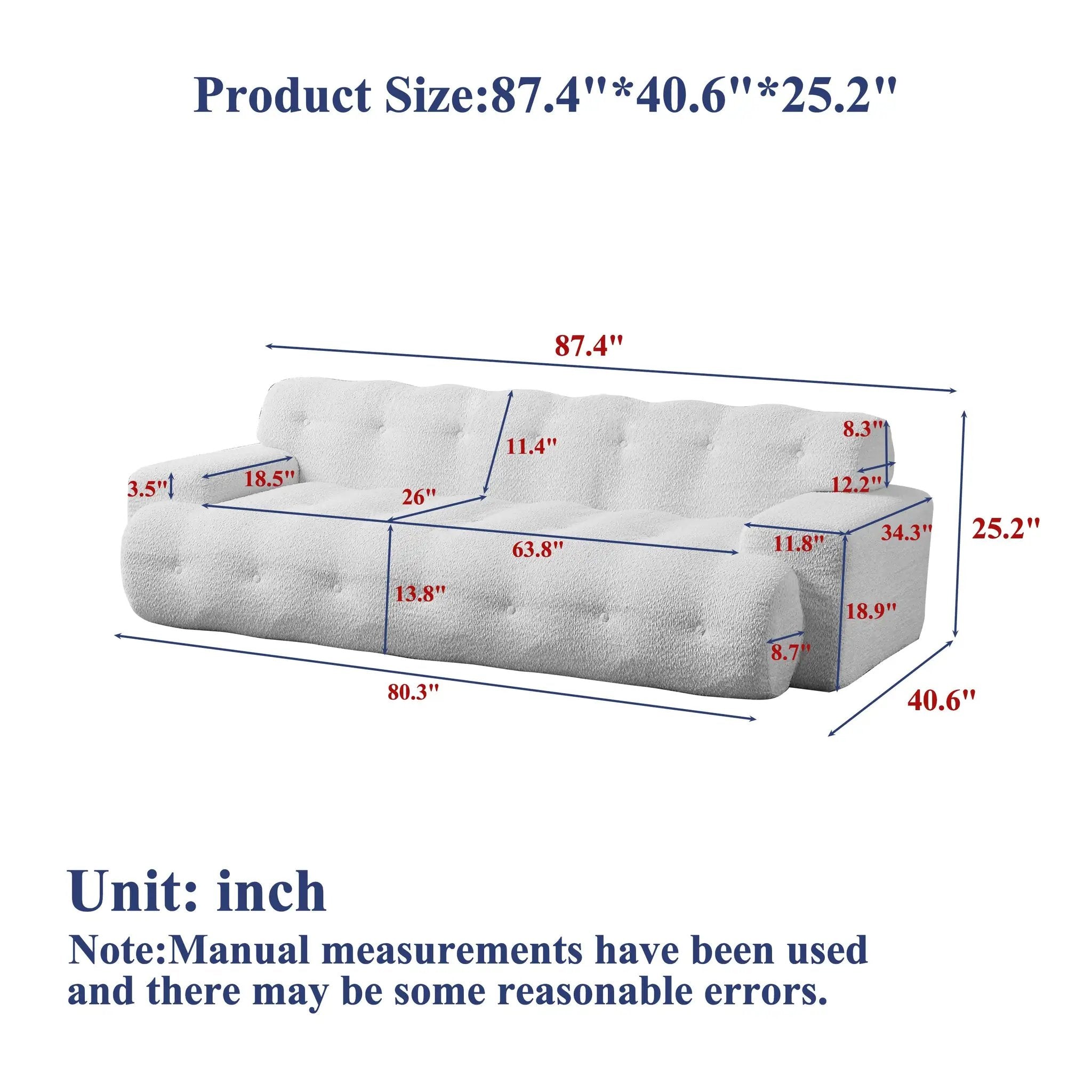 87.4-Inch Cloud Series Minimalist Button-Tufted Square Arm Three-Seater Sofa by HouseOfZazla