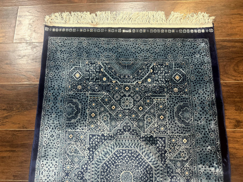 Blue Turkish Silk Hereke Rug 2.6 x 4, Mamluk Red, Blue, Bamboo Silk by Jewel Rugs