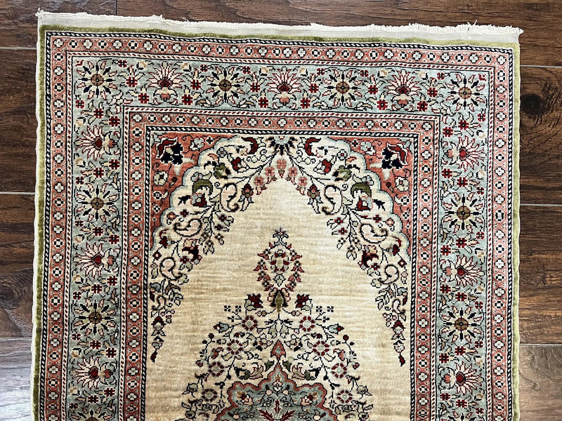 Silk Turkish Kayseri Rug 2x3, Very Finely Hand Knotted, Semi Open Field, Vintage, Silk Pile on Silk Foundation, 300 KPSI by Jewel Rugs