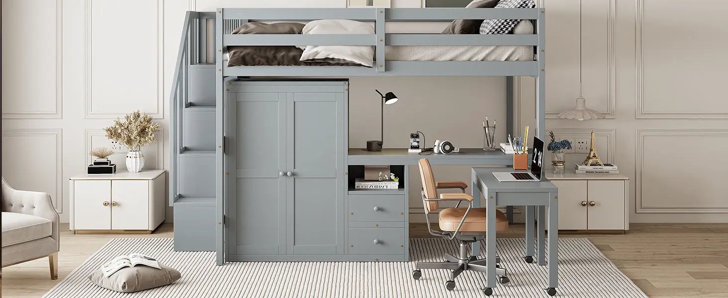 Loft Bed With Stairs, Bookshelf, Drawers, Desk & Wardrobe, Space Saving Multifunctional Furniture by HouseOfZazla