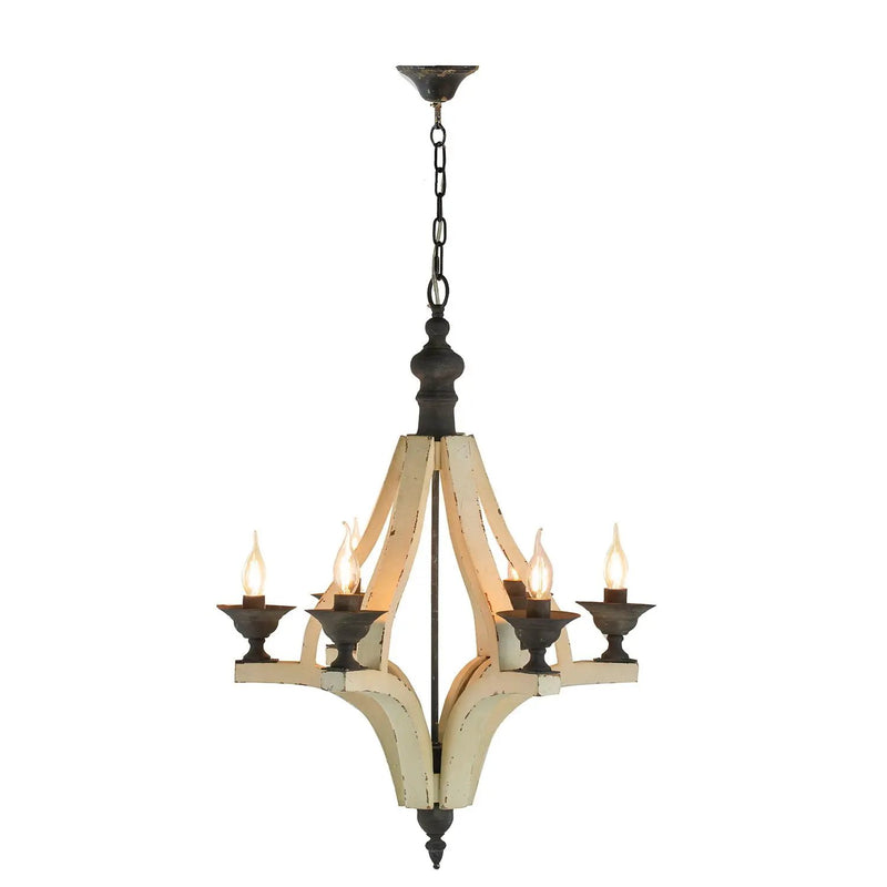 6 Light Wood Chandelier, Hanging Light Fixture With Adjustable Chain For Kitchen, Bulb Not Included - Cream by HouseOfZazla