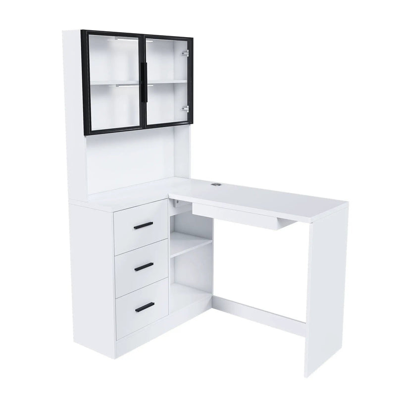 L-Shaped Computer Desk With Glass Cabinets, Built In LED Lights, USB Charging Ports by Unique Piece Furniture