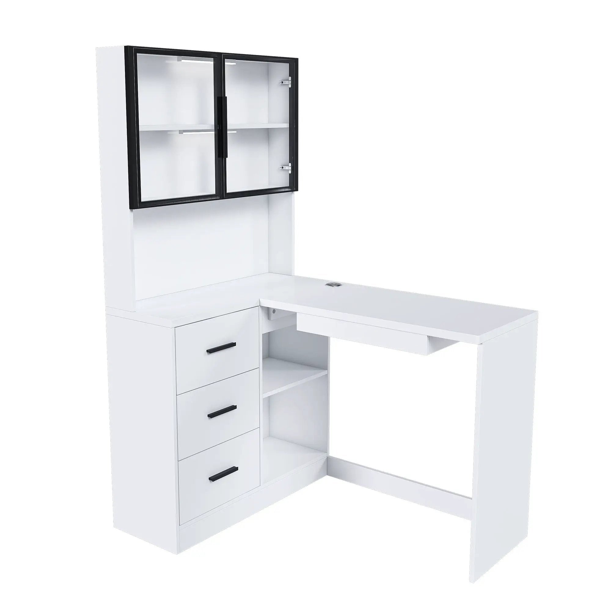 L-Shaped Computer Desk with Glass Cabinets, Built-In LED Lights, and USB Charging Ports by HouseOfZazla