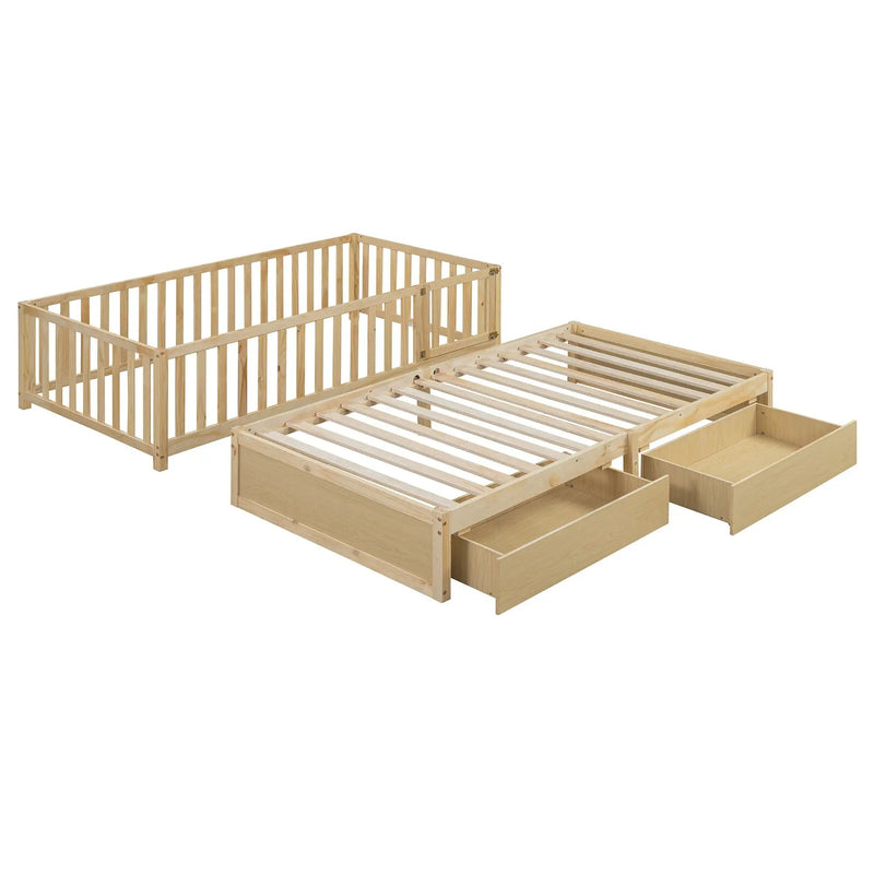 Daybed With Fence Guardrails And 2 Drawers, Split Into Independent Floor Bed & Daybed by HouseOfZazla