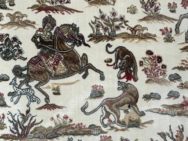 Turkish Silk Hunting Scene Rug 4x6, Ivory, Bamboo Silk, New by Jewel Rugs