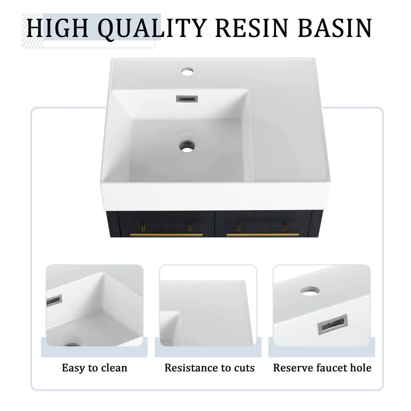 Modern Wall Mounted Bathroom Vanity With Thick Edge Resin Sink And Storage Rack by Unique Piece Furniture