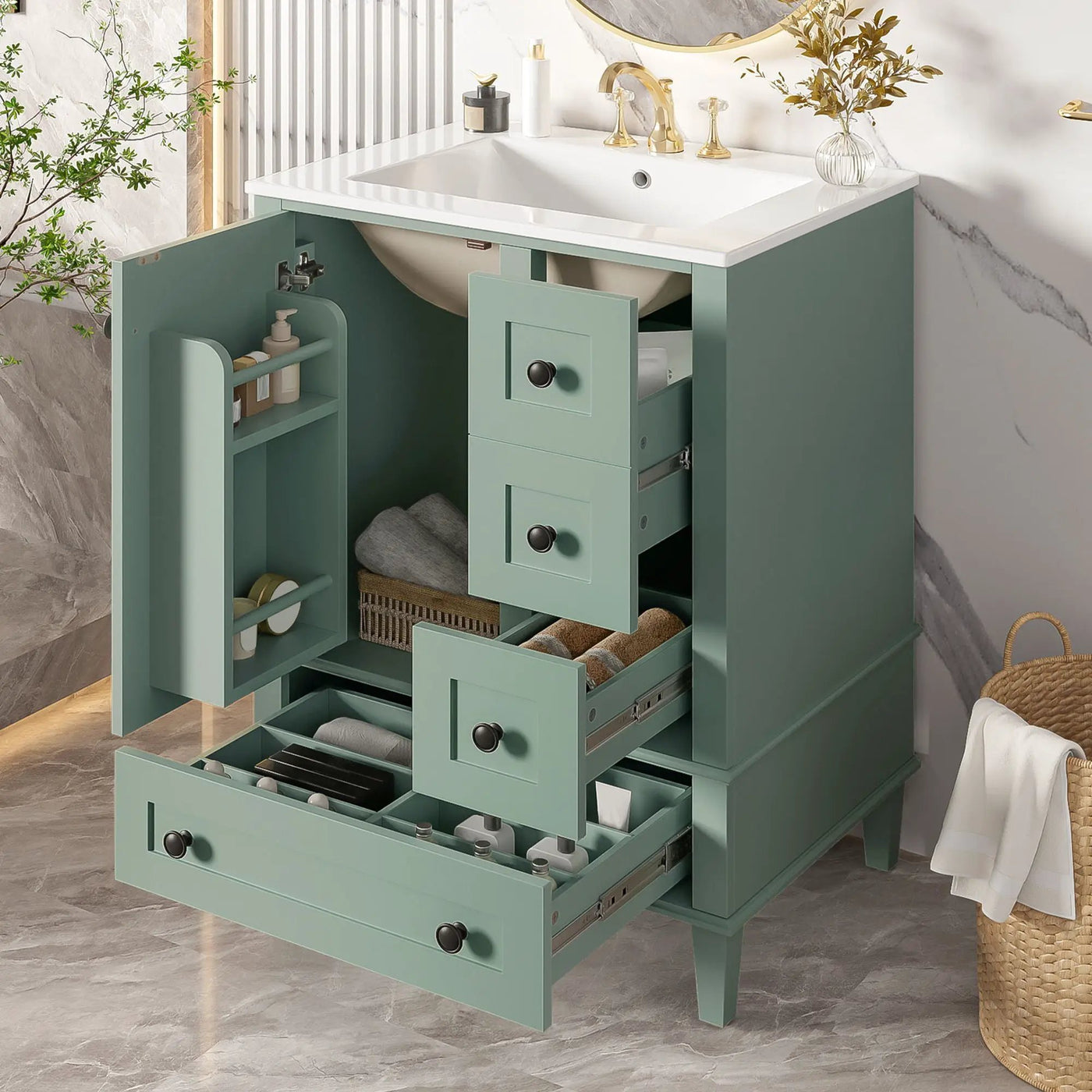 Bathroom Vanity With Integrated Basin, Soft Close Drawers, Door Mounted Double Layer Shelf by HouseOfZazla