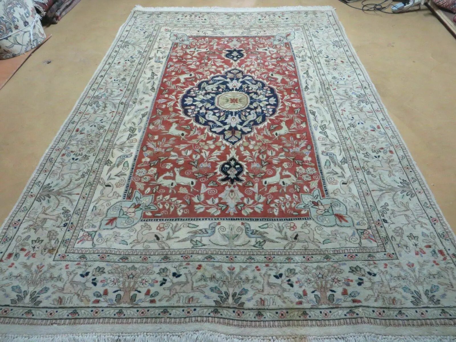 6' X 9' Vintage Handmade India Oriental Floral Wool Rug Hunting Bird Deer Nice by Jewel Rugs