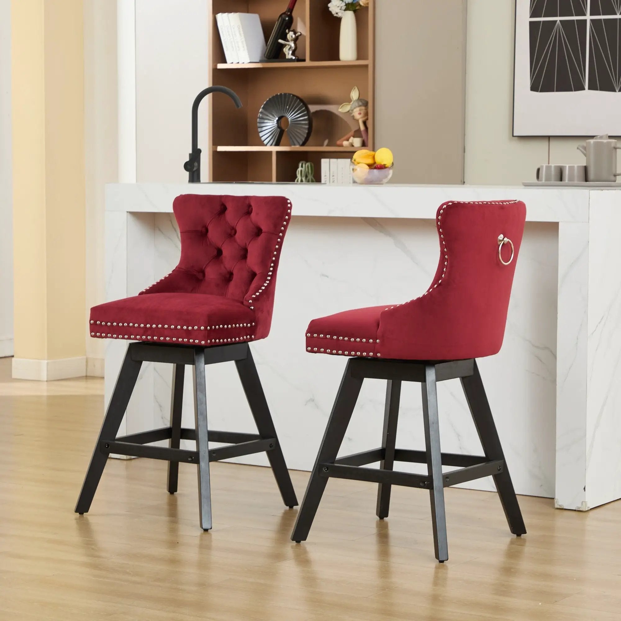 Swivel Velvet Barstools with Button Tufted Decoration - Set of 2 (Wine Red) by HouseOfZazla