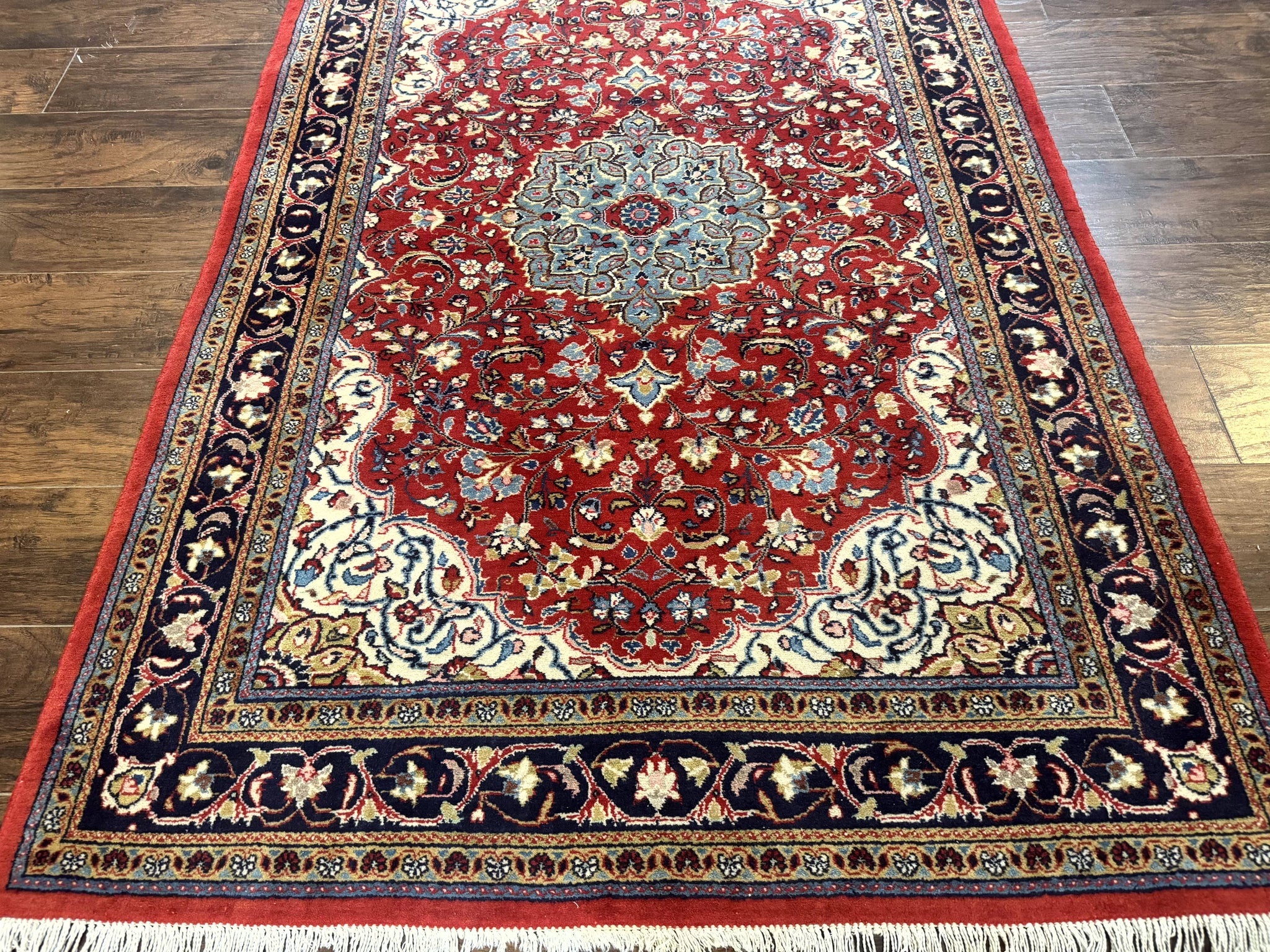Persian Sarouk Rug 4x7, Red Navy Blue Vintage Wool Medallion Carpet by Jewel Rugs