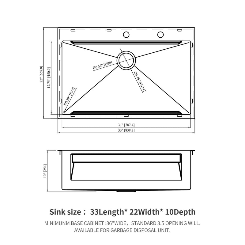 33" Drop In Kitchen Sink Single Bowl 16 Gauge Stainless Steel Ledge Workstation - Black by HouseOfZazla
