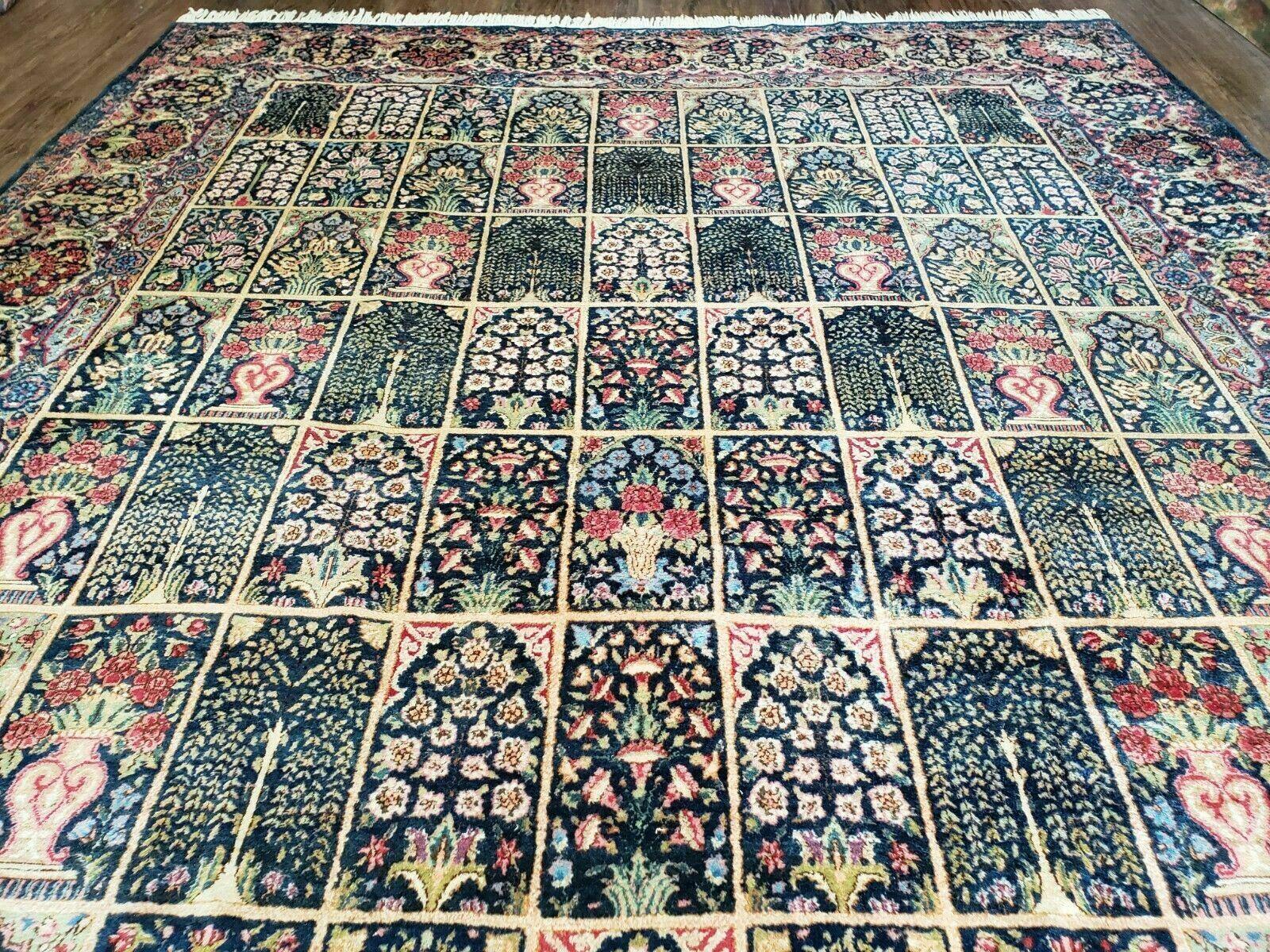 Persian Rug 10x15, Authentic Oriental Carpet 10 x 15, Wool Area Rug Panel Design Hand-Knotted Vintage Kirman Yazd Rug, Dark Blue and Beige, Floral by Jewel Rugs