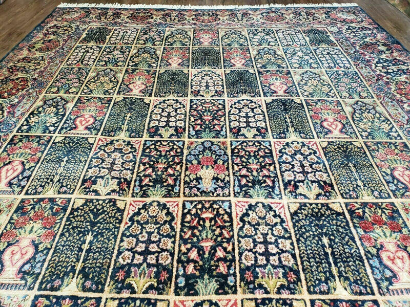 Persian Rug 10x15, Authentic Oriental Carpet 10 x 15, Wool Area Rug Panel Design Hand-Knotted Vintage Kirman Yazd Rug, Dark Blue and Beige, Floral by Jewel Rugs