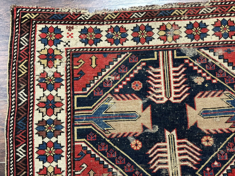 Antique Shirvan Caucasian Rug 3x5, Geometric Pattern, Red Navy Blue Beige by Jewel Rugs