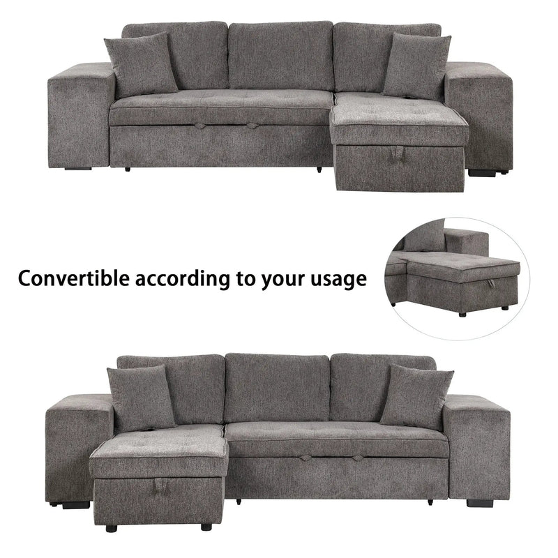 Modern L-Shape 3 Seat Reversible Sectional Couch, Pull Out Sleeper Sofa With Storage Chaise And 2 Stools For Living Room Furniture Set by Unique Piece Furniture