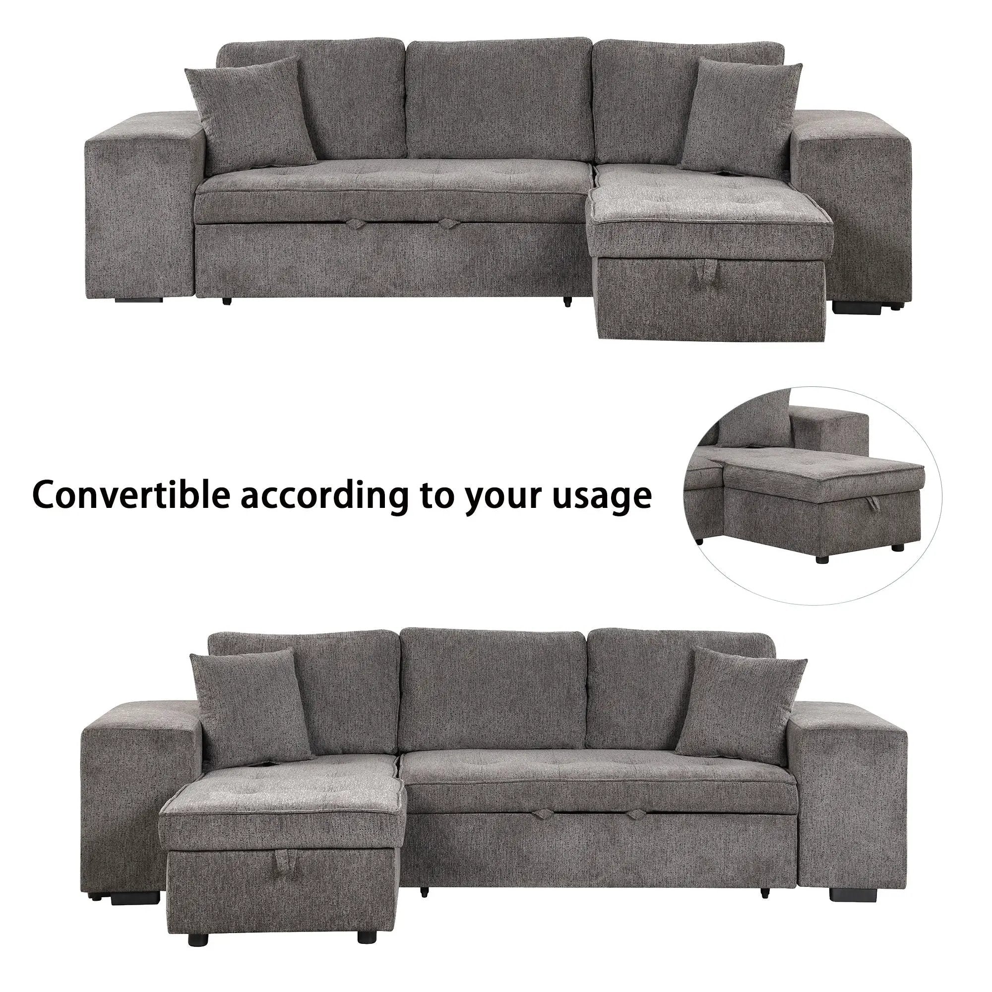 Modern L-Shape 3 Seat Reversible Sectional Couch, Pull Out Sleeper Sofa With Storage Chaise And 2 Stools For Living Room Furniture Set by HouseOfZazla