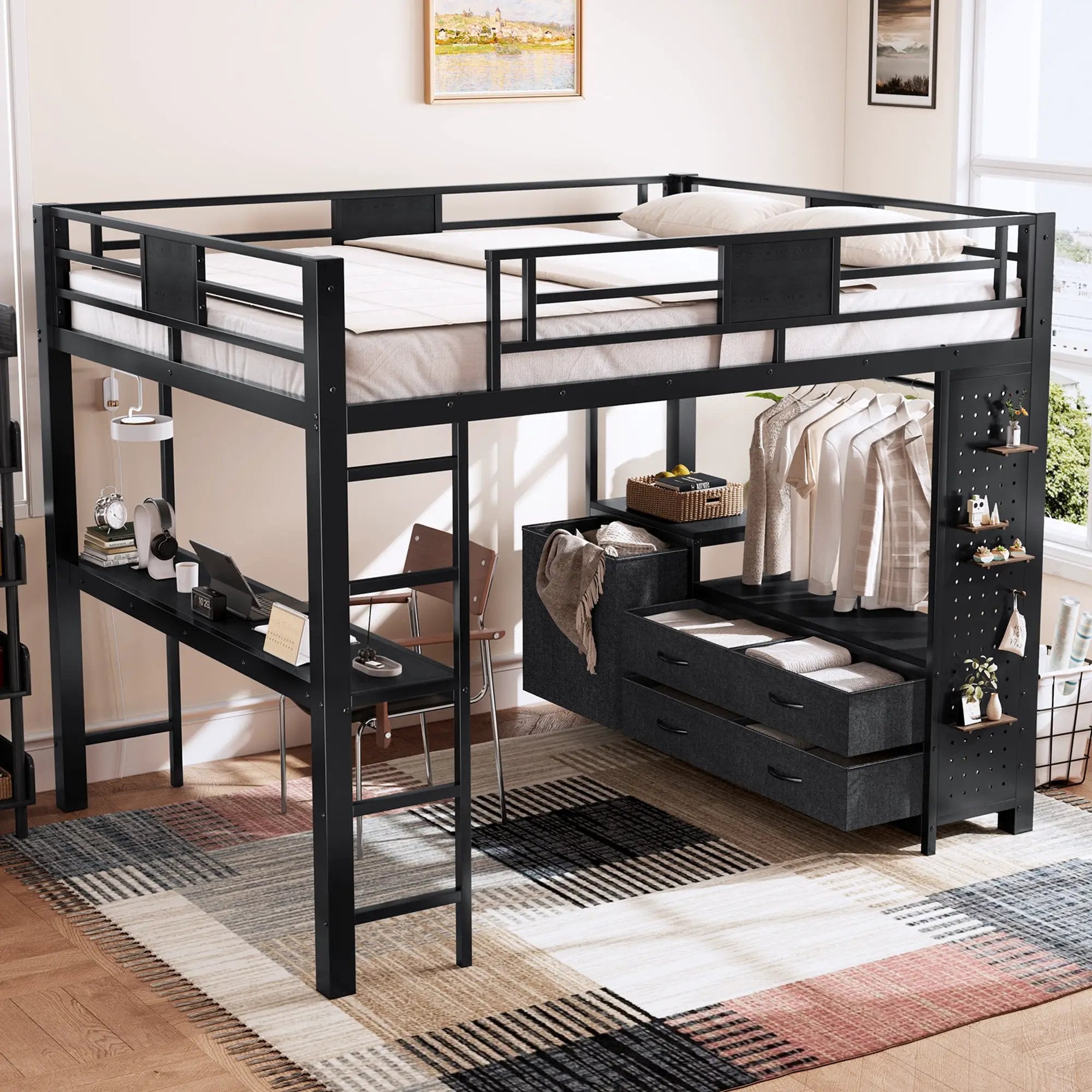 Queen Size Loft Bed with Desk & Shelves by HouseOfZazla
