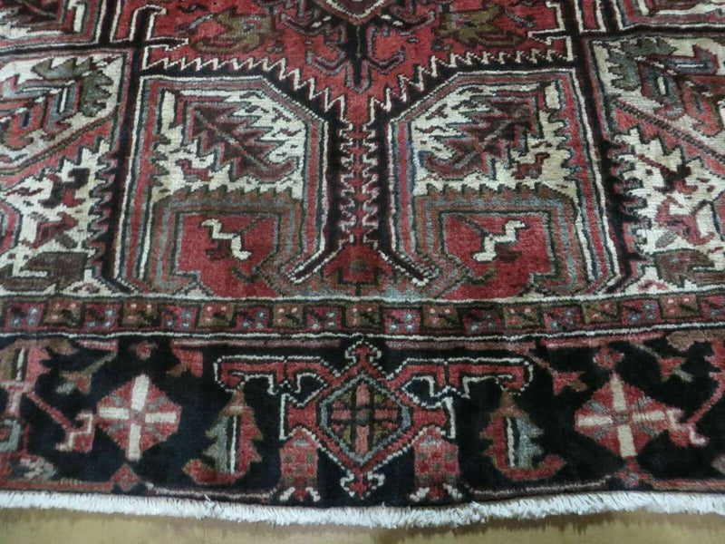 Persian Heriz Rug 8x12 Semi Antique Heriz Carpet, Room Sized Persian Carpet, Geometric Medallion, Wool, Hand Knotted, Red Ivory Dark Blue by Jewel Rugs