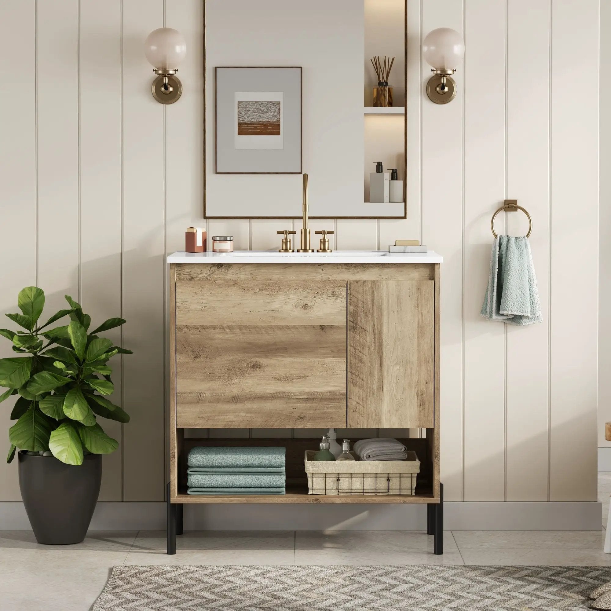 Bathroom Vanity Cabinet With Sink, Sliding Drawer, Soft Closing Door, Open Shelf - Natural Wood by Unique Piece Furniture
