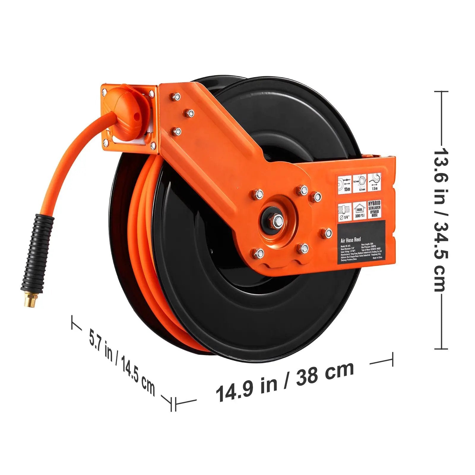 Retractable Air Hose Reel with 3/8 IN x 50 FT Hybrid Hose, Max 300 PSI by HouseOfZazla