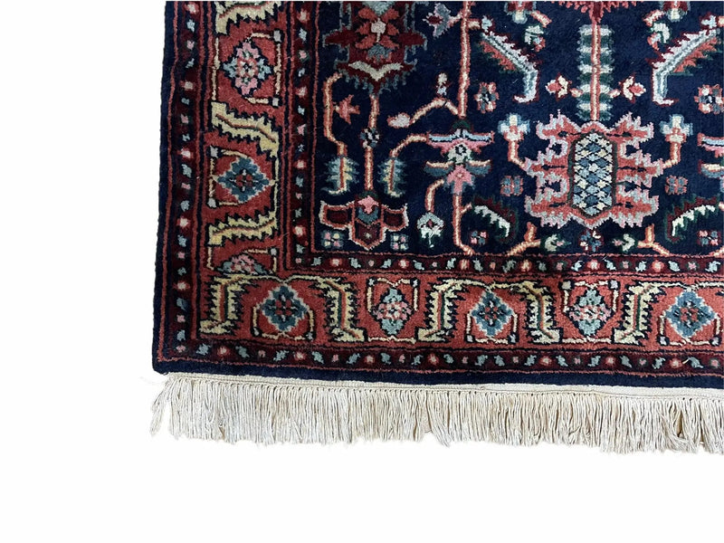 4x6 Vintage Handmade Wool Geometric Rug Organic Dyes Blue Red Hand-Knotted Rug by Jewel Rugs