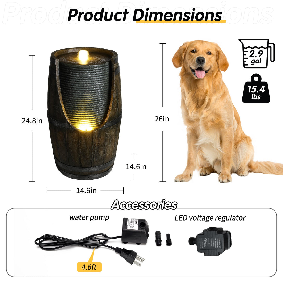 Resin Rustic Barrel Outdoor Water Fountain 24 Inch LED, photo 2 of 10
