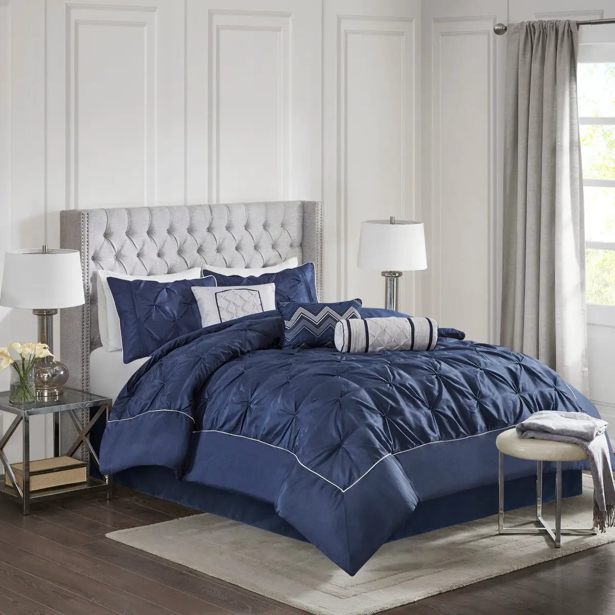 7 Piece Tufted Comforter Set Navy California King by HouseOfZazla