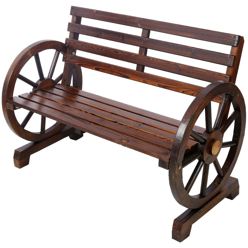 Rustic Country 2 Person Wooden Wagon Wheel Bench With Slatted Seat And Backrest - Brown by Unique Piece Furniture