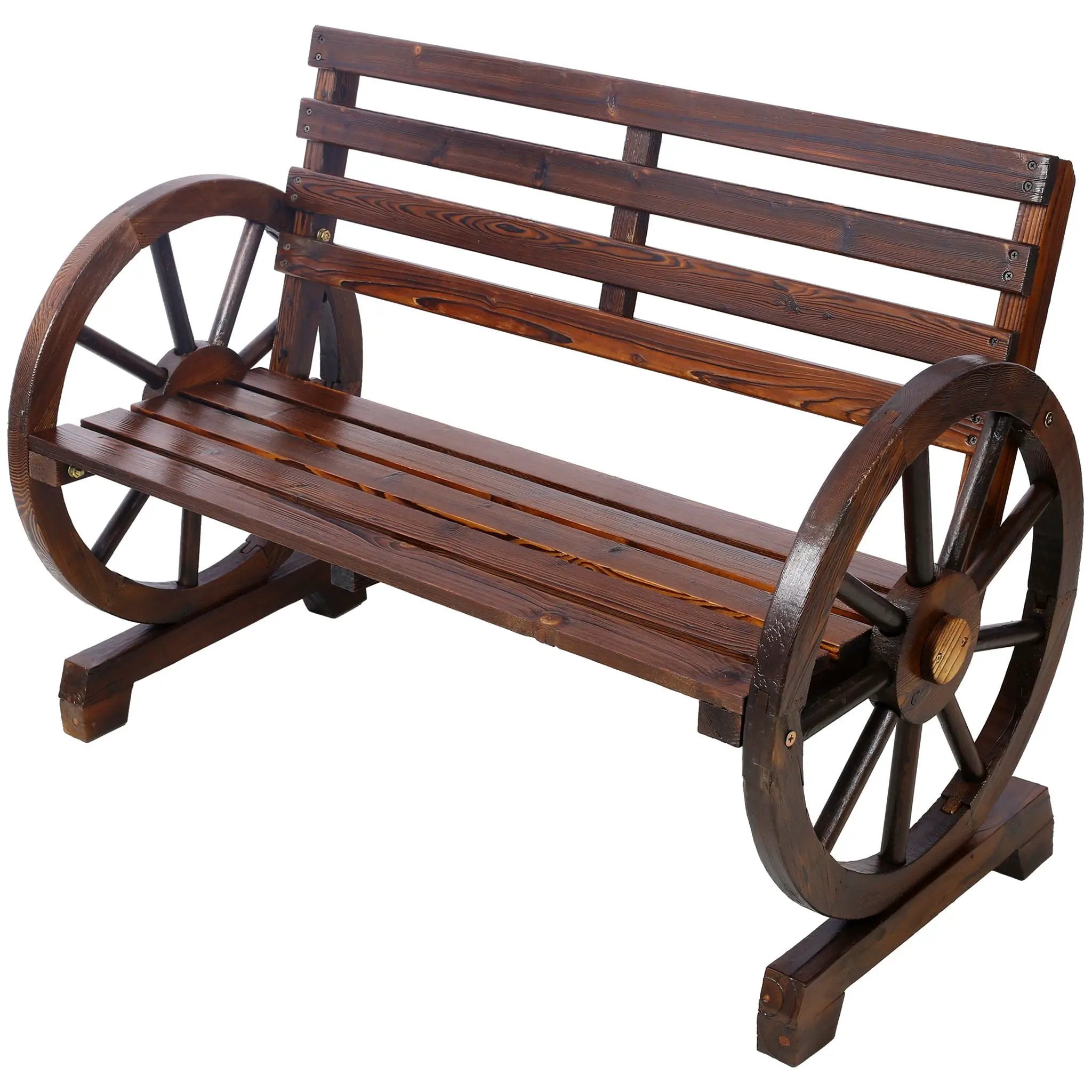 Rustic Country 2 Person Wooden Wagon Wheel Bench With Slatted Seat And Backrest - Brown by HouseOfZazla