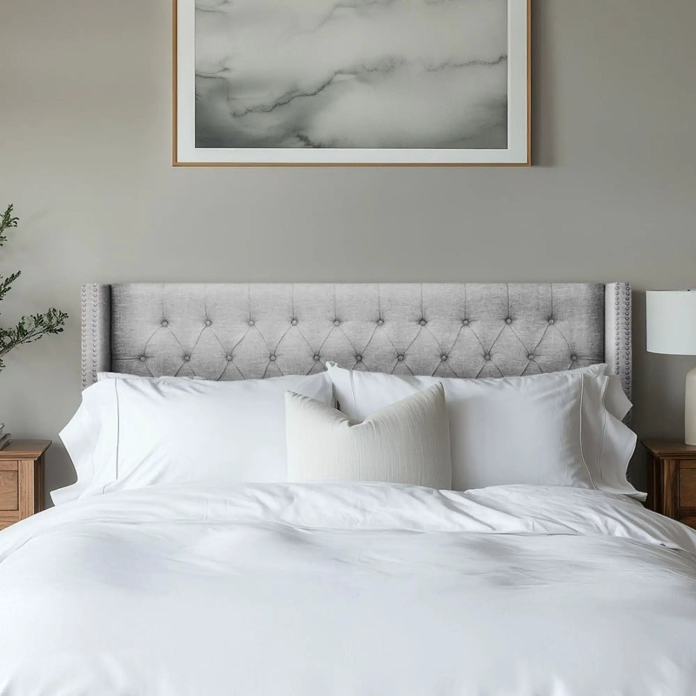 Transitional Upholstery Headboard With Tufted Buttons And Nailhead Trim by HouseOfZazla