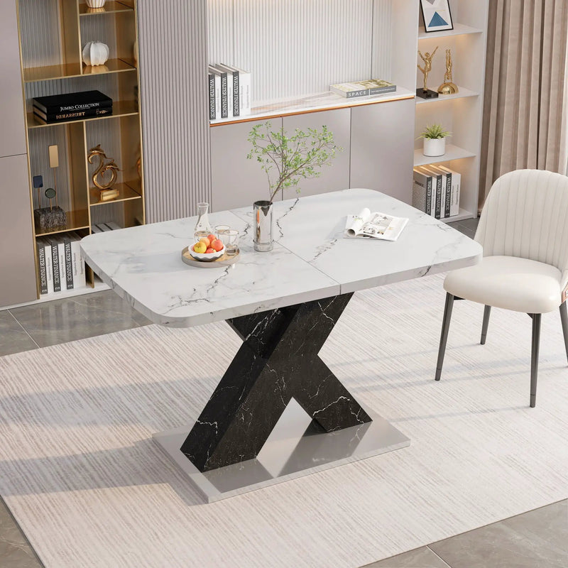 Rectangle Dining Table With Stretchable Top, X Shape Mdf Legs With Steel Base - White / Black by Unique Piece Furniture