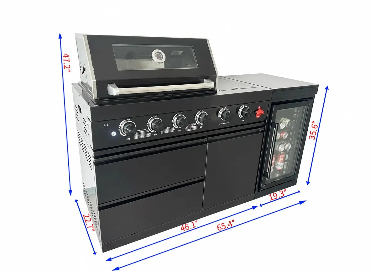 65" 4-Burner 72,000 BTU Black Outdoor Kitchen Island Grill Marble Countertops Wine Cooler by Chery Industrial