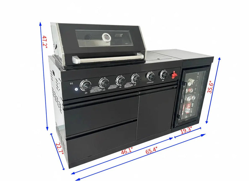 65" 4-Burner 72,000 BTU Black Outdoor Kitchen Island Grill Marble Countertops Wine Cooler by Chery Industrial