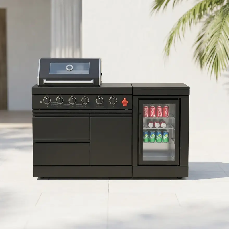 65" 4-Burner 72,000 BTU Black Outdoor Kitchen Island Grill Marble Countertops Wine Cooler by Chery Industrial