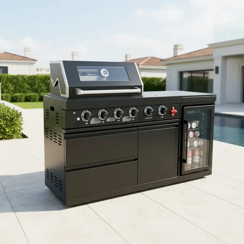65" 4-Burner 72,000 BTU Black Outdoor Kitchen Island Grill Marble Countertops Wine Cooler by Chery Industrial