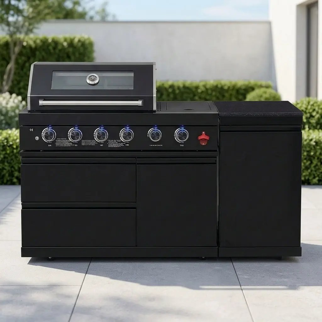 65" 4-Burner 72,000 BTU Black Outdoor Kitchen Island Grill +Side Burner + Marble Countertops by Chery Industrial