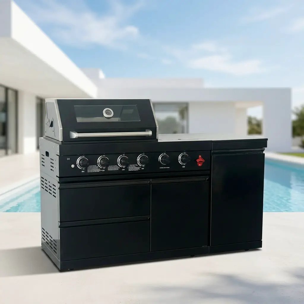 65" 4-Burner 72,000 BTU Black Outdoor Kitchen Island Grill +Side Burner + Marble Countertops by Chery Industrial