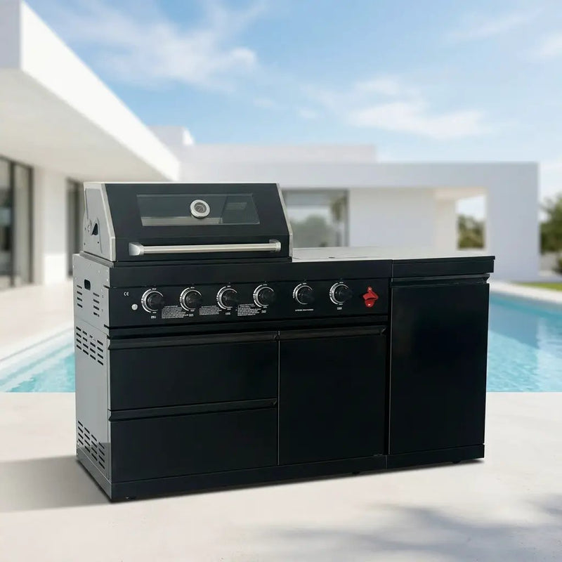 65" 4-Burner 72,000 BTU Black Outdoor Kitchen Island Grill +Side Burner + Marble Countertops by Chery Industrial