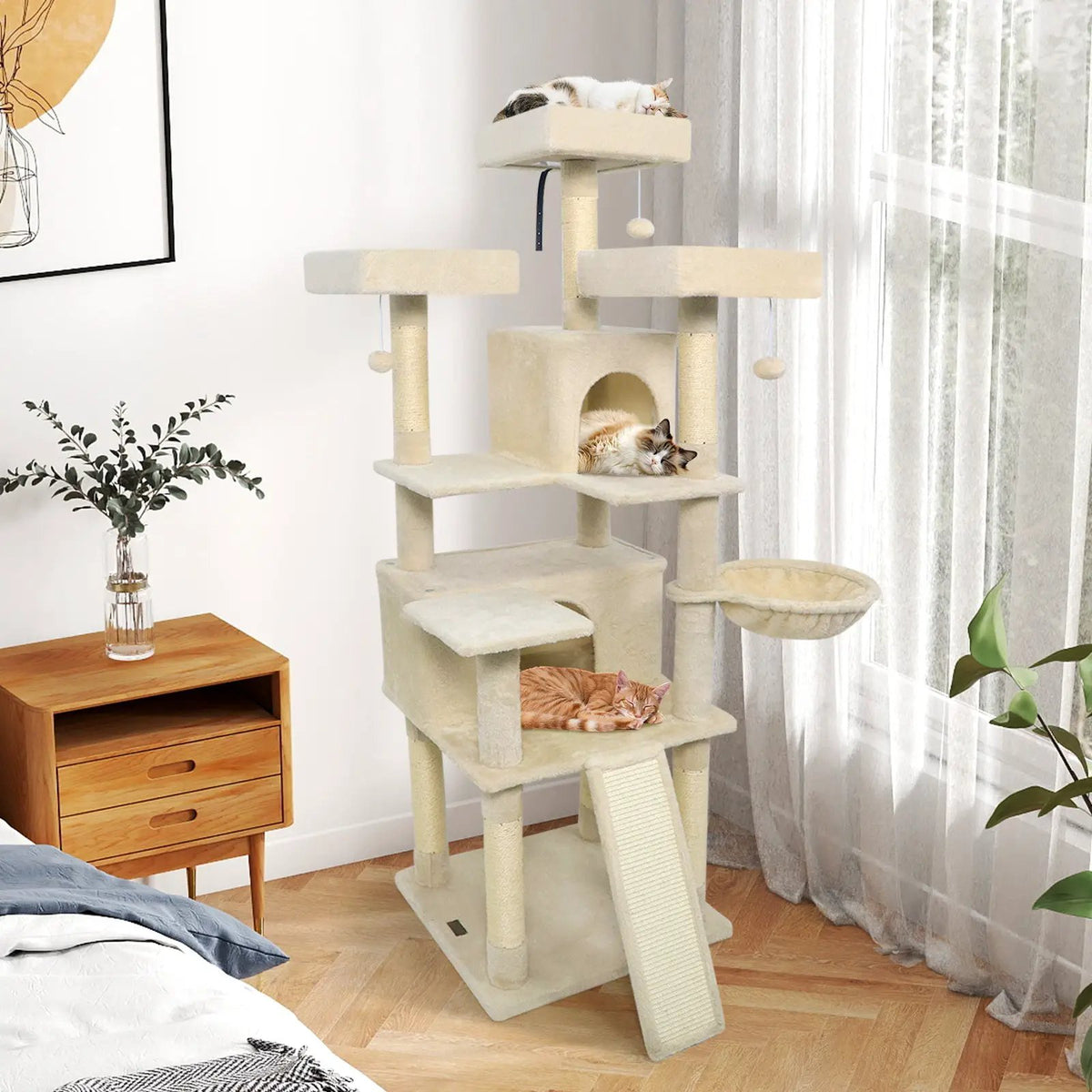 65 Inch Tall Multi-level Cat Tree with 3 Upholstered Perch and 2 Cat Condos, photo 12 of 32